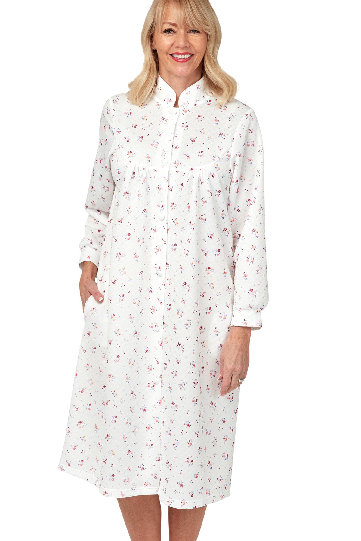 Penny Floral Print Mock Quilt Button Through Housecoat Denim Marlon