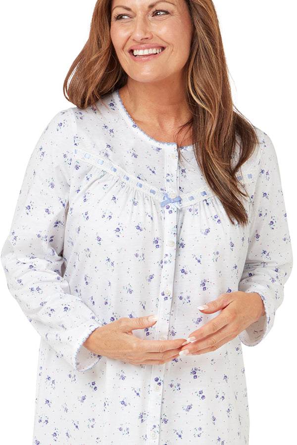 Penny Blossom Print Button Through  100% Cotton Jersey Long Sleeve Nightdress