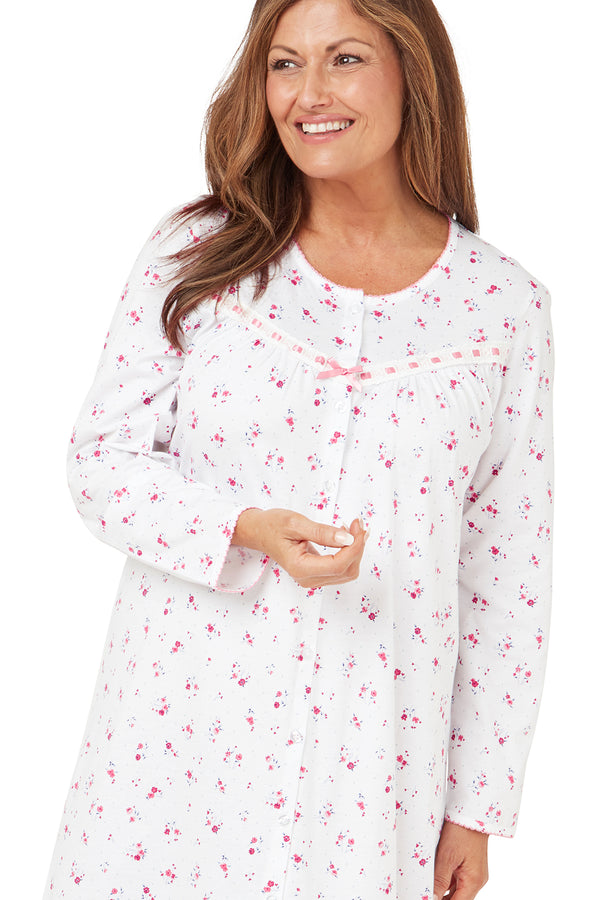 Penny Blossom Print Button Through  100% Cotton Jersey Long Sleeve Nightdress