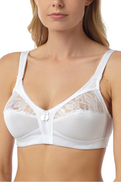 Marlon Libby white stretch satin wireless , wirefree, non wired bra with lace top cup detail . Photograph on model .