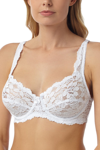 Marlon Sarah white all lace , all over lace underwired full cup bra with scalloped edge. Photograph on model