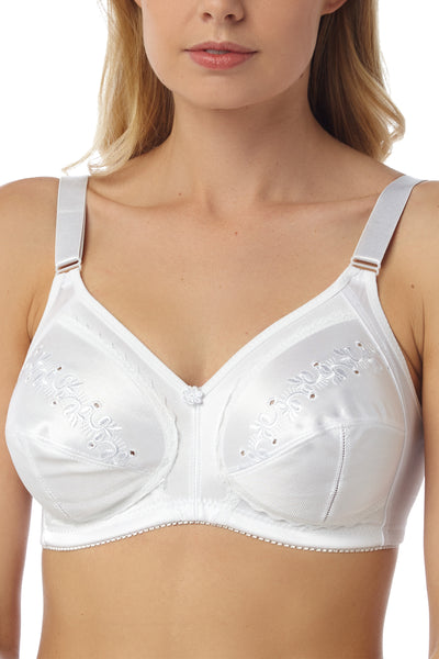 Marlon Sophia white 94% Polyester 6% Elastane wireless, wirefree , non wired  full cup bra with embroidered top cup, sectioned cups and deep sides . Photograph on model 