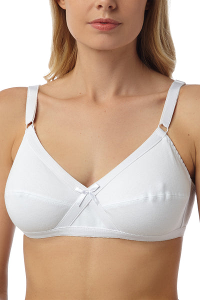 Marlon Fearne white 100% cotton jersey soft cup, non wired, wireless bra with cross over detail . Photograph on model