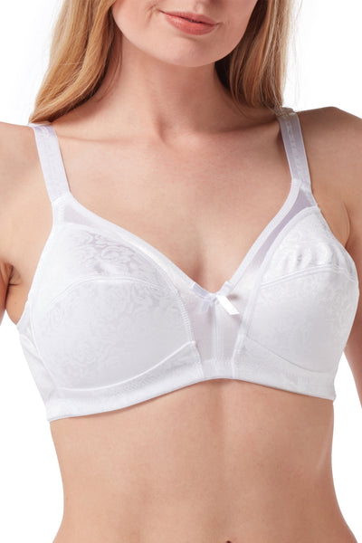 Marlon Clare non-wired wireless  full coverage soft cup white bra made from satin and embossed satin panels, photograph on model