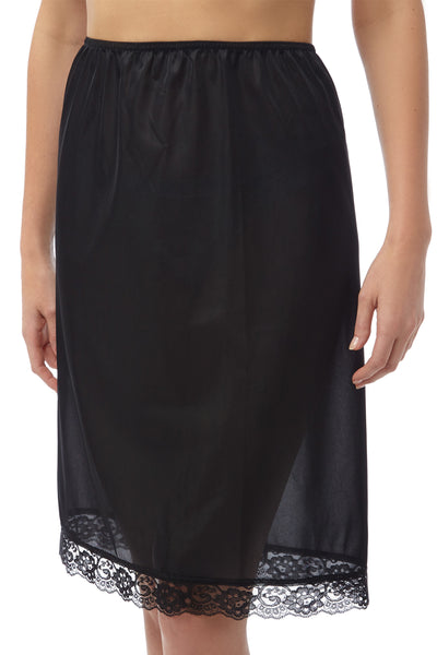 Marlon Chloe black knitted polyester 24" long half slip with elasticated waist and floral lace detail to hem, petticoat, underskirt, photograph on model