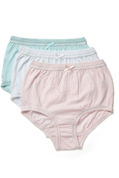 Marlon Victoria 100% cotton soft jersey full brief, big knicker, maxi brief pack of 3 including 1 pair white, 1 pair pastel blue and 1 pair pastel pink . Flat layout photograph