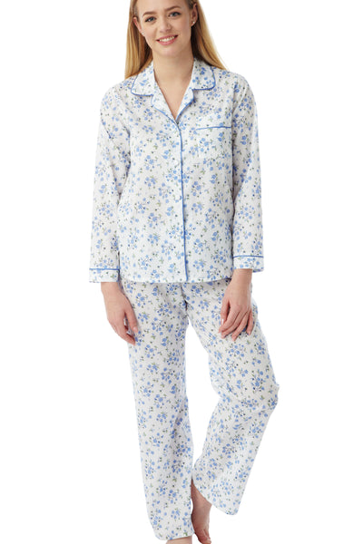 Marlon Frances easy care polyester cotton woven blue floral sprig print  long sleeve classic revere collar pyjama with long legs and fully elasticated waist. Photograph on model