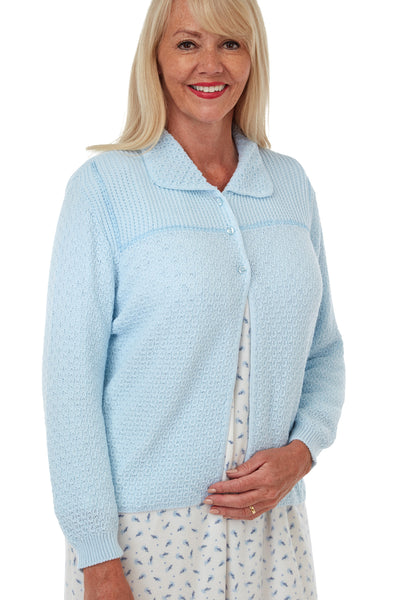 marlon womens angeline easy care blue knitted bedjacket with 3 buttons and long sleeves, photograph on model