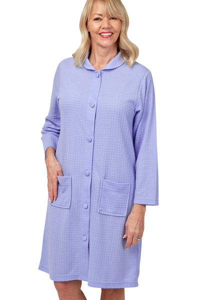 bonnie easy care waffle texture housecoat , blue, front view on model