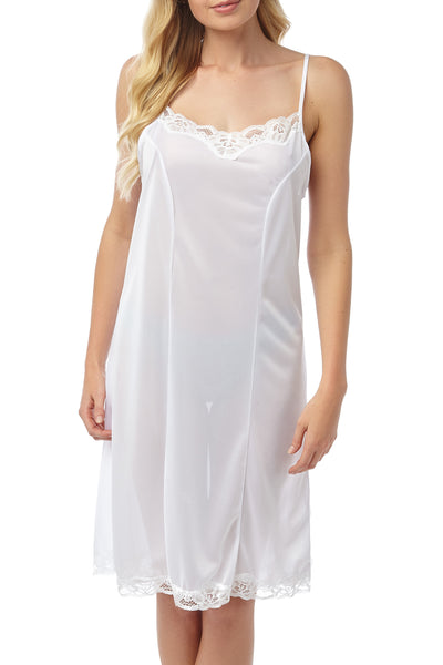 Marlon carly easy care knitted polyester strappy white  full slip with lace trimmed neckline , photograph on model