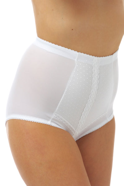 Marlon Charlotte white firm control full brief with spot mesh panel at the front and delicate lace down the front. control knicker, support brief, photograph on model