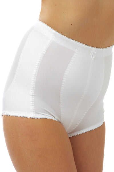 Marlon Iona white satin smoothing tummy shaping and bottom lifting panelled control brief , girdle, support knicker. Photograph on model.