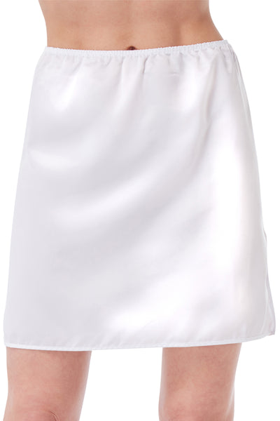 Marlon Maya 18" length white 100% polyester satin underskirt, petticoat, half slip with full elasticated waist. Photograph on model 