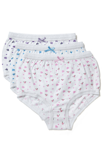 Marlon Sofia 100% knitted cotton jersey pack of 3 maxi briefs, full briefs, big knickers with  hearts and floral print . Each pair in same print but pink, lilac and blue colourway. Flat layout photograph