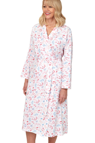 LYLA PINK COLOURWAY FLORAL PRINT COTTON JERSEY DRESSING GOWN WRAP, FRONT VIEW PHOTO ON MODEL