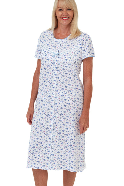 Marlon womens pure knitted cotton blue multi floral printed short sleeve  , fully button through nightdress with gathers from yoke .  seniors easy care hospital care home