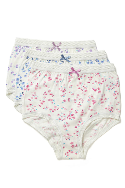 Marlon Elizabeth 100% pure cotton jersey pack of 3 full briefs , maxi knickers, in lilac, pink, blue ditsy floral print . Flat layout of 3 pairs of knickers