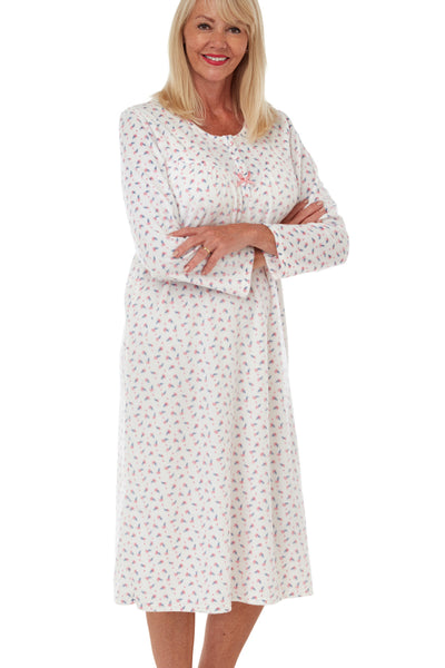 Marlon Jenny 100% polyester  pink floral polished fleece classic cosy long nightdress with long sleeves and gathers from the yoke. Photograph on model