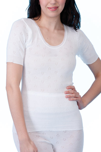 Short  Sleeve White Pointelle Tee Shirt Thermal Vest, White Heart Knitted Pointelle