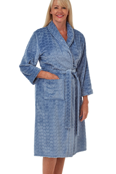 Marlon Shelly 100% polyester blue heart pattern embossed fleece   shawl collar tie belt dressing gown, robe, wrap with long sleeves and 2 patch pockets . Photograph on model